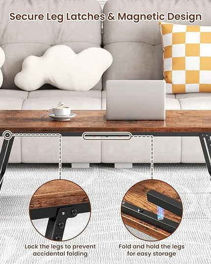 Folding Coffee Table, Leg Latches Portable Sturdy Floor Table Desk for Sitting on The Floor, No Assembly Low Coffee Table for Living Room, Home, Office, Rustic Brown, 41.34L×21.65W×15.75H - LeafyLoom
