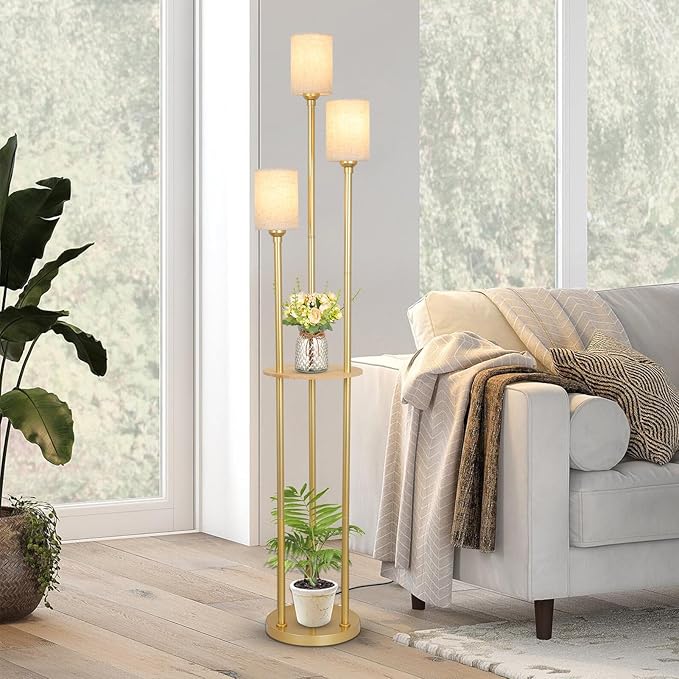 Dimmable Boho Floor Lamps for Living Room, 3-Lights Modern Floor Lamp with 3-Way Foot Switch, Gold Floor Lamp with Shelves, Shelf Standing Lamp with Fabric Shade, Tall Floor Lamps for Bedroom, Office - LeafyLoom