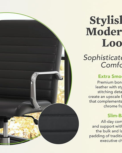 Sadie Executive Computer Chair- Fixed Arm for Office Desk, Black Leather with Chrome Accents (HVST511) - LeafyLoom