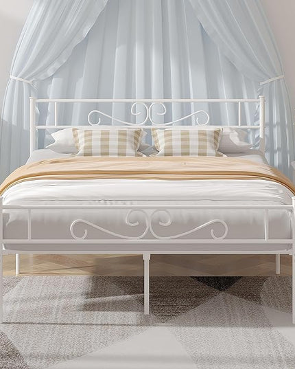 VECELO Queen Size Bed Frame with Headboard, 14 Inch Metal Platform Mattress Foundation, No Box Spring Needed, Squeak Resistant, Easy Assembly, White - LeafyLoom