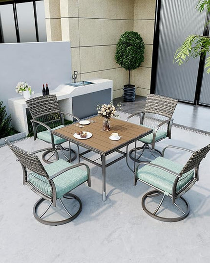 Pamapic 5 Piece Patio Dining Set for 4,Wicker Outdoor Furniture Set for Backyard Garden Deck Poolside with Square Plastic-Wood Table Top,4 Cushions Swivel Rocker Chairs,Removable Cushions(Green) - LeafyLoom
