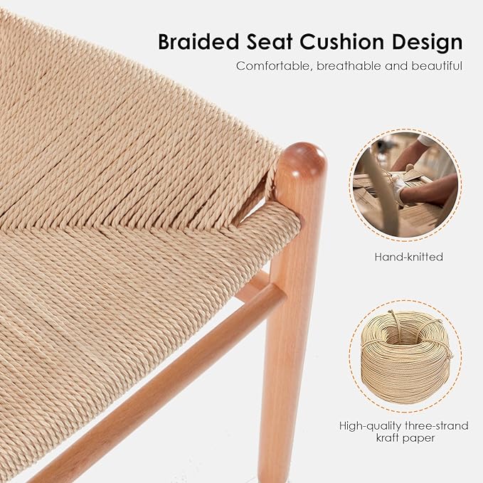 Farini Rattan Chairs for Dining Room Wishbone Chair Solid Wood Armchairs Y Shaped Backrest Hemp Seat for Home Restaurant Fully-Assembled(Set of 2,Nature-Beige Seat) - LeafyLoom