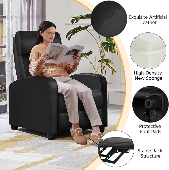 Yaheetech Recliner Chair PU Leather Recliner Sofa Home Theater Seating with Lumbar Support Overstuffed High-Density Sponge Push Back Recliners Armchair for Living Room - LeafyLoom