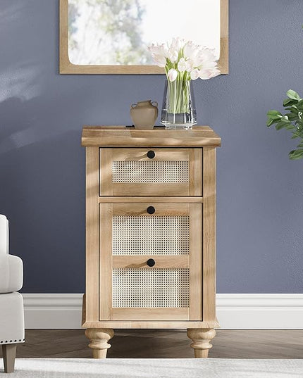 WAMPAT Farmhouse Rattan End Table with Charging Station, Wood Side Table with Drawer & Storage Cabinet, Oak Nightstand with Power Outlets & USB Ports for Living Room, Bedroom, Burlywood - LeafyLoom