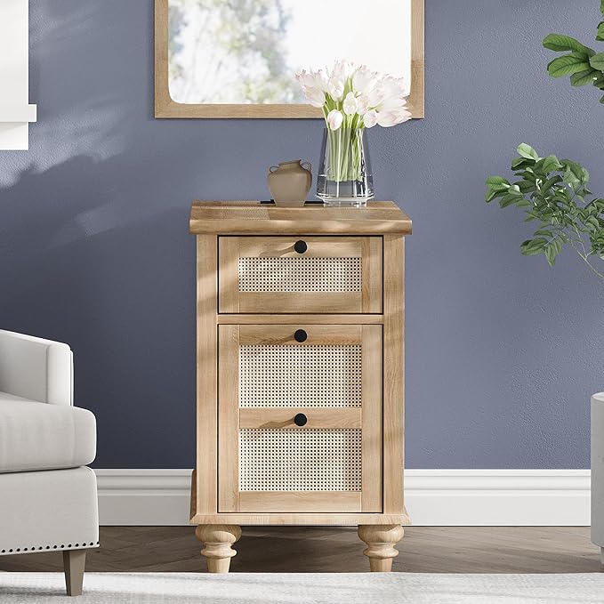 WAMPAT Farmhouse Rattan End Table with Charging Station, Wood Side Table with Drawer & Storage Cabinet, Oak Nightstand with Power Outlets & USB Ports for Living Room, Bedroom, Burlywood - LeafyLoom