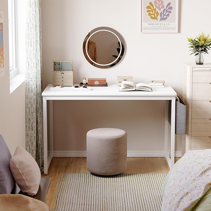 Cubiker Computer Desk 32 inch Home Office Writing Study Desk, Modern Simple Style Laptop Table with Storage Bag, White Metal Frame, White - LeafyLoom