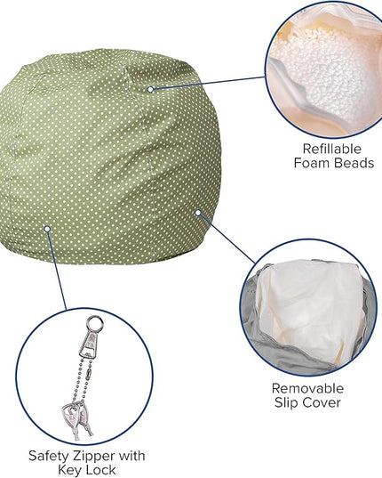 Flash Furniture Dillon Small Bean Bag Chair for Kids and Teens, Foam-Filled Beanbag Chair with Machine Washable Cover, Green Polka Dot - LeafyLoom