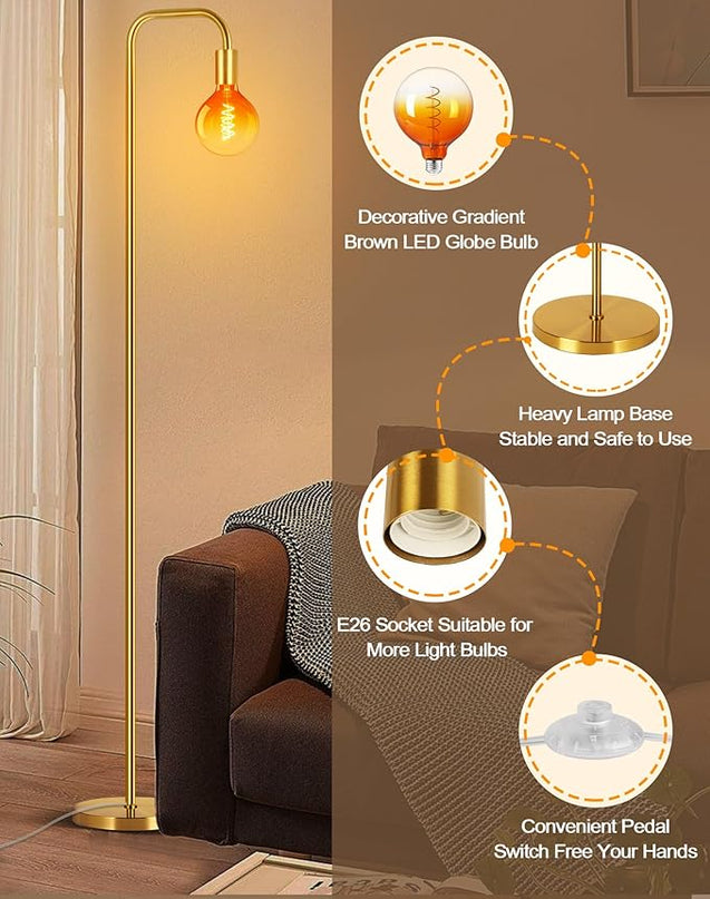 QiMH Floor Lamp for Living Room, Minimalist Industrial Standing Lamp with Clear Globe Glass LED Bulb, 2200K Warm Ambiant Lighting Decorative Modern Tall Lamp for Bedroom Office, Brushed Gold - LeafyLoom