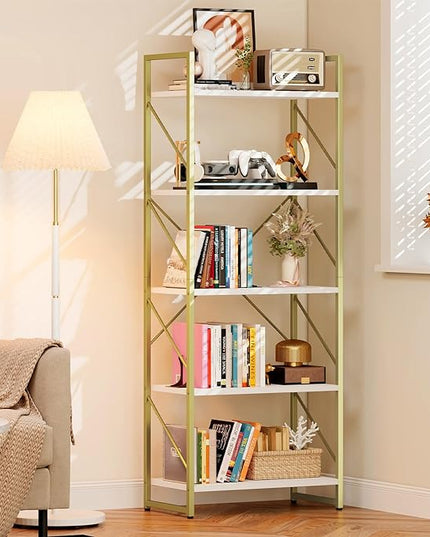 DWVO Gold Bookshelf, Modren 5 Tier Bookcase, Storage Shelves Organizer Standing Shelf, Display Rack Book Shelves for Bedroom,Living Room,Office,Kitchen, Gold - LeafyLoom