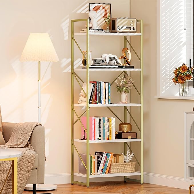 DWVO Gold Bookshelf, Modren 5 Tier Bookcase, Storage Shelves Organizer Standing Shelf, Display Rack Book Shelves for Bedroom,Living Room,Office,Kitchen, Gold - LeafyLoom
