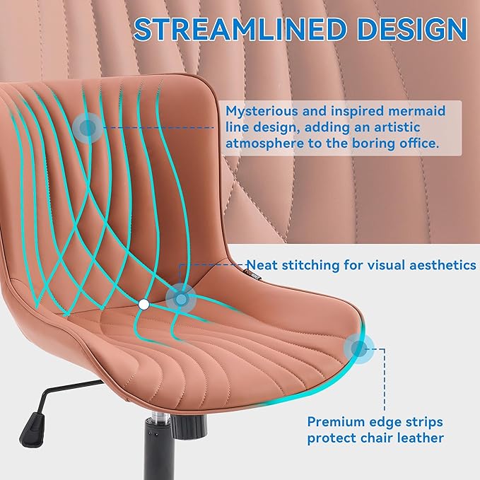 YOUNIKE Office Chair, Armless Desk Chair with Wheels, Home Office Computer Task Chairs, Modern Faux Leather Upholstered Vanity Chair, Adjustable Swivel Rocking Office Chair with Back, Pink - LeafyLoom