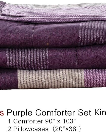 WONGS BEDDING Purple Comforter Sets King, Reversible Striped Patchwork Down Alternative Comforter for King Bed,3 Pieces (1Comforter+2 Pillowcase), Soft Microfiber Bedding Duvet Insert Set 104”×90” - LeafyLoom