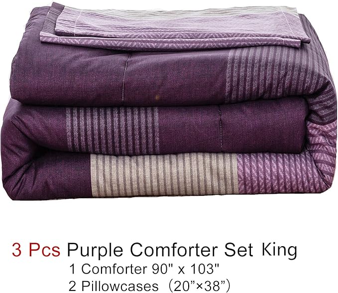 WONGS BEDDING Purple Comforter Sets King, Reversible Striped Patchwork Down Alternative Comforter for King Bed,3 Pieces (1Comforter+2 Pillowcase), Soft Microfiber Bedding Duvet Insert Set 104”×90” - LeafyLoom