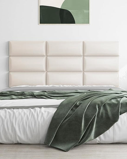 Tbfit Upholstered Wall Mounted Headboard for King Size Bed, Soundproof Peel and Stick Headboards, Tufted Floating Dorm Bed Headboard, Pack of 12 Panels Sized 10” x 24”, Leather Beige - LeafyLoom
