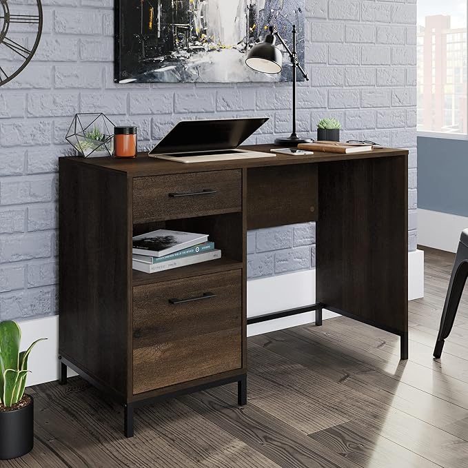 Sauder North Avenue Pedestal Home Office Desk, L: 41.97" x W: 18.50" x H: 28.15", Smoked Oak Finish - LeafyLoom