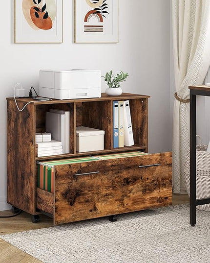 HOOBRO File Cabinet, Mobile Lateral Filing Cabinet with Charging Station, Wooden Printer Stand with Open Storage Shelf, for Home Office, Small Spaces, A4/Letter Size, Rustic Brown FG22UWJ01 - LeafyLoom