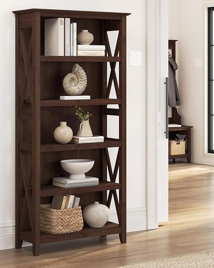 Bush Furniture Key West Tall 5 Shelf Bookcase in Bing Cherry - LeafyLoom