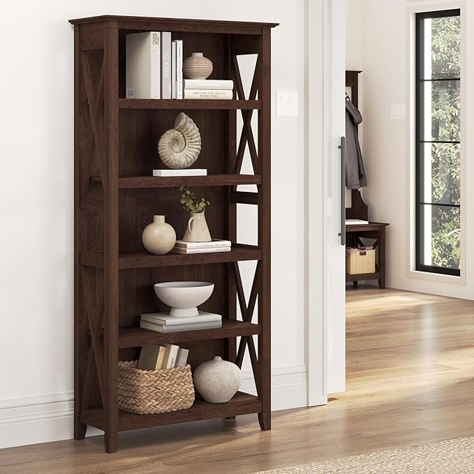Bush Furniture Key West Tall 5 Shelf Bookcase in Bing Cherry - LeafyLoom