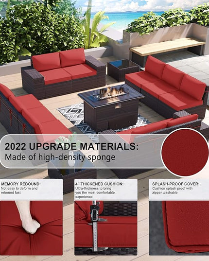 Kullavik 13 Pieces Outdoor Patio Furniture Set with 43" 55000BTU Gas Propane Fire Pit Table PE Wicker Rattan Sectional Sofa Patio Conversation Sets,Red - LeafyLoom
