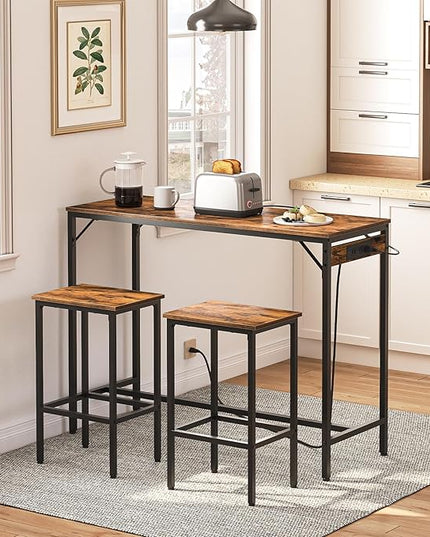 HOOBRO Bar Table Set with Power Outlet, 47.2“ Bar Table and Chairs Set, 3-Piece Pub Table Set, Kitchen Bar Height Table with Stools of 2, for Living Room, Dining Room, BF46UBT01 - LeafyLoom