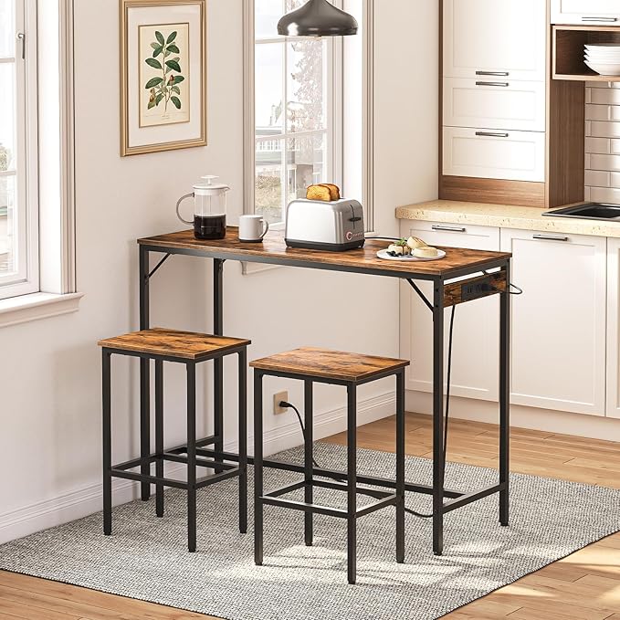 HOOBRO Bar Table Set with Power Outlet, 47.2“ Bar Table and Chairs Set, 3-Piece Pub Table Set, Kitchen Bar Height Table with Stools of 2, for Living Room, Dining Room, BF46UBT01 - LeafyLoom