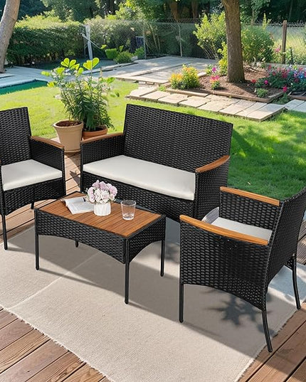 Shintenchi 4-Piece Patio Furniture Set, Outdoor Wicker Patio Conversation Furniture Set with Cushions and Wooden Tabletop for Paito Lawn Backyard, White Cushion - LeafyLoom