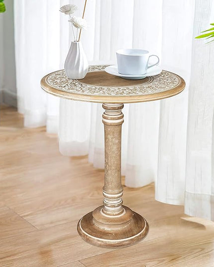 Round End Table,Small Table,Side Table, Side Tables Living Room,End Table,Round Side Table,Altar Table, Carved Side Table,Wood Accent Table,Carved Wood Table Single Pillar 18x22 inch White Wash - LeafyLoom