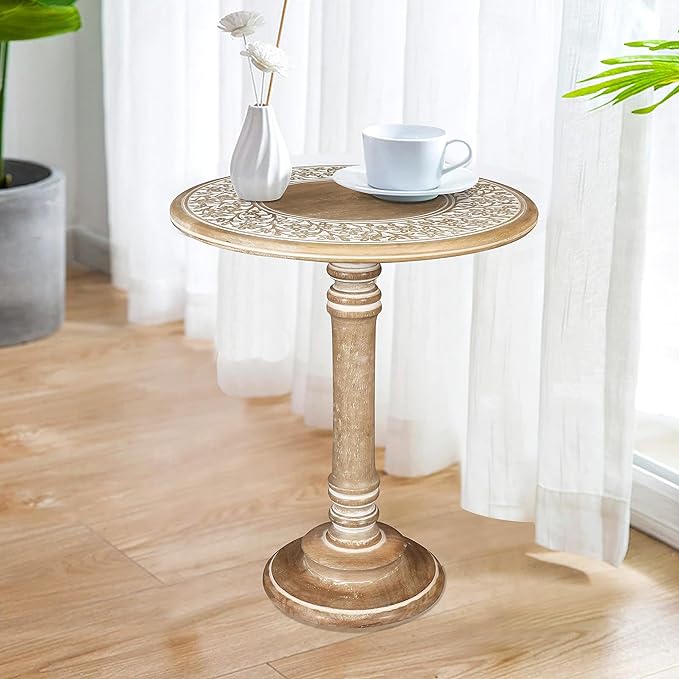 Round End Table,Small Table,Side Table, Side Tables Living Room,End Table,Round Side Table,Altar Table, Carved Side Table,Wood Accent Table,Carved Wood Table Single Pillar 18x22 inch White Wash - LeafyLoom