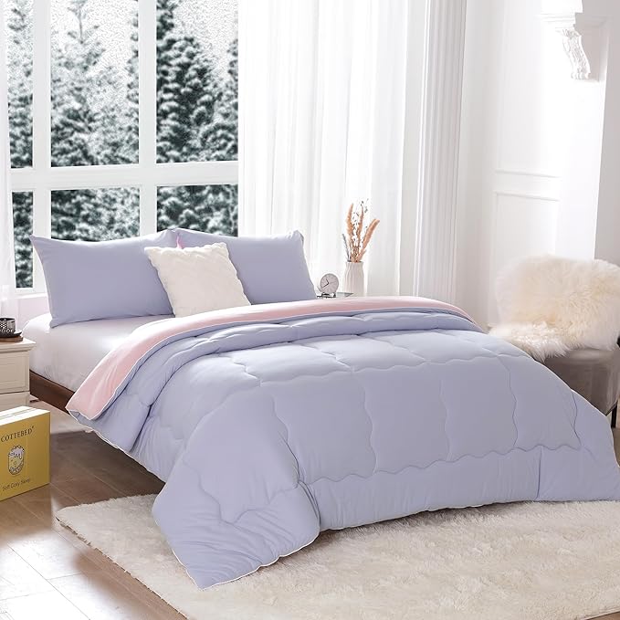 COTTEBED Reversible Ultra-Soft Warm King Size Comforter Set, California Cal King Down Comforter Cozy Fully Breathable Bedding 1 Down Alternative Quilt and 2 Pillowsham Winter Pink and Purple - LeafyLoom