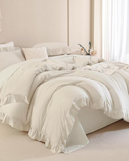 Andency Beige Comforter Set King, 3 Pieces Farmhouse Shabby Chic Ruffle Comforter, Lightweight Fluffy Soft Microfiber All Season Solid Bed Comforter Set (1 Ruffle Comforter & 2 Pillowcases) - LeafyLoom