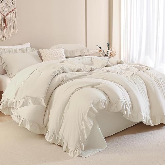 Andency Beige Comforter Set King, 3 Pieces Farmhouse Shabby Chic Ruffle Comforter, Lightweight Fluffy Soft Microfiber All Season Solid Bed Comforter Set (1 Ruffle Comforter & 2 Pillowcases) - LeafyLoom