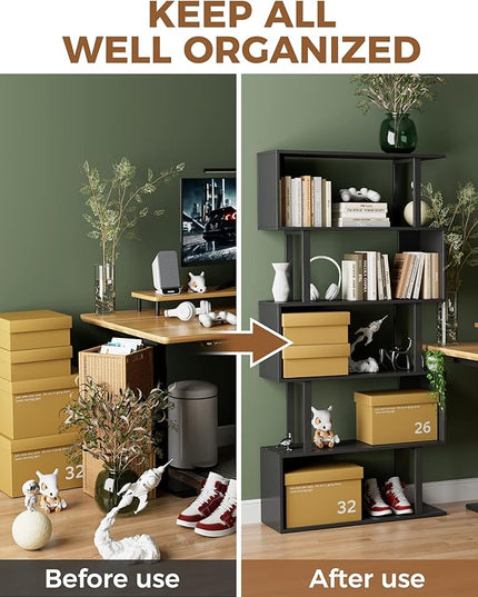 Gadroad 5-Tier Geometric Bookcase,S Shaped Bookshelf, Wood Decorative Storage Shelving, Modern Freestanding Display Shelves, Tall Book Shelf Unit for Living Room Bedroom, Black - LeafyLoom