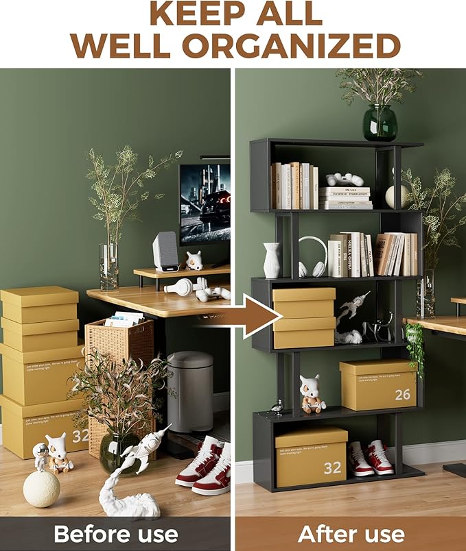 Gadroad 5-Tier Geometric Bookcase,S Shaped Bookshelf, Wood Decorative Storage Shelving, Modern Freestanding Display Shelves, Tall Book Shelf Unit for Living Room Bedroom, Black - LeafyLoom