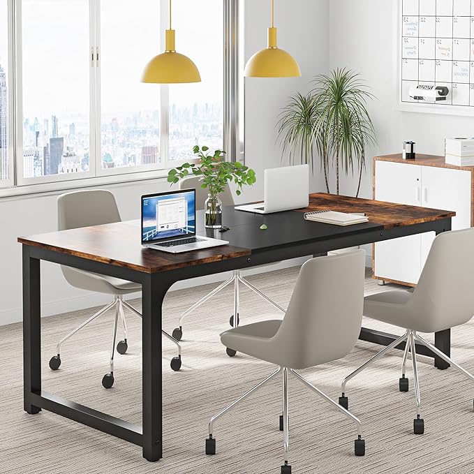 Tribesigns Modern Computer Desk, 63 x 31.5 inch Large Office Desk Computer Table Study Writing Desk Workstation for Home Office, Vintage Black Metal Frame - LeafyLoom