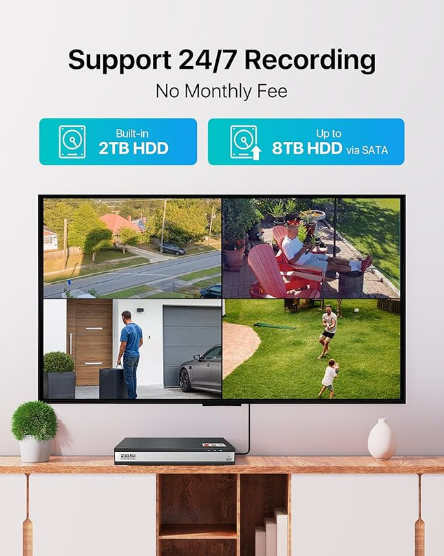 ZOSI 16CH 3K Lite Home Security Camera System,AI Human/Vehicle Detection,Night Vision,Remote Access,8pcs 1080p Outdoor Surveillance Cameras,16 Channel 1080P CCTV DVR with 2TB HDD for 24/7 Recording ZOSI