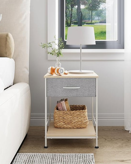 WLIVE Nightstand, End Table with Fabric Storage Drawer and Open Wood Shelf, Bedside Furniture with Steel Frame, Side Table for Bedroom, Dorm, Easy Assembly, Light Grey - LeafyLoom