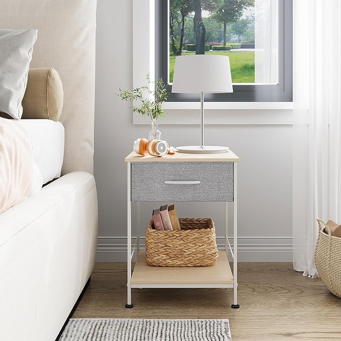 WLIVE Nightstand, End Table with Fabric Storage Drawer and Open Wood Shelf, Bedside Furniture with Steel Frame, Side Table for Bedroom, Dorm, Easy Assembly, Light Grey - LeafyLoom
