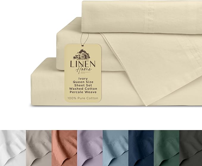 Linen Home Washed Cotton Percale Queen Sheet Set, Ivory, Deep Pocket, 4 Pieces Bed Sheets - 1 Flat Sheet, 1 Fitted Sheet & 2 Envelope Closure Pillowcases, Cool and Comfortable Bed Linen - LeafyLoom