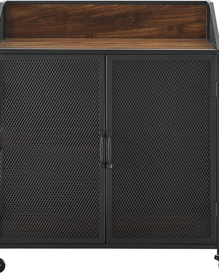 Walker Edison Malcomb Urban Industrial Metal Mesh Double Door Rolling Bar Cabinet, 33 Inch, Dark Walnut - LeafyLoom