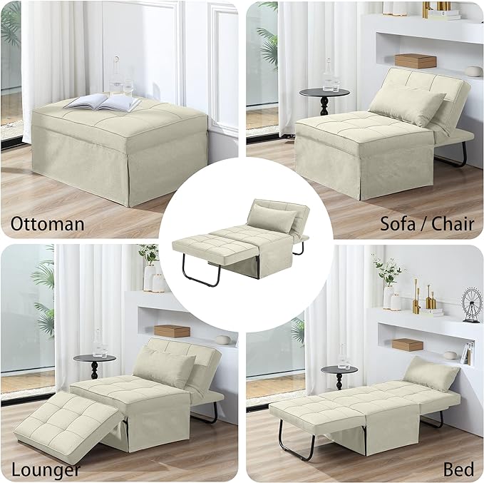 Sofa Bed, 4 in 1 Multi-Function Folding Ottoman Breathable Linen Couch Bed with Adjustable Backrest Modern Convertible Chair for Living Room Apartment Office, White - LeafyLoom
