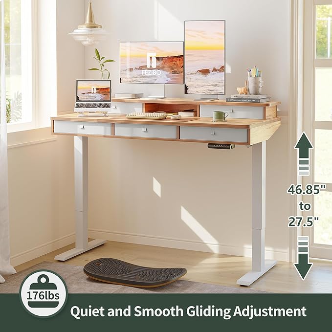 FEZIBO Height Adjustable Electric Standing Desk with 5 Drawers, 55 x 24 Inch Table with Storage Shelf, Sit Stand Desk White Frame/Light Rustic Top, 55 inch - LeafyLoom