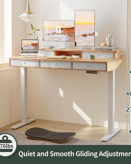 FEZIBO Height Adjustable Electric Standing Desk with 5 Drawers, 48 x 24 Inch Table with Storage Shelf, Sit Stand Desk White Frame/Light Rustic Top, 48 inch - LeafyLoom