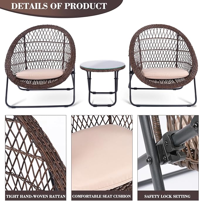 BACKYARD EXPRESSIONS PATIO · HOME · GARDEN 3 Pc 3 Piece Folding Outdoor Bistro, Wicker Furniture Table and Chairs for Garden, Backyard, Porch, Patio Conversation Set, Tan/Black - LeafyLoom