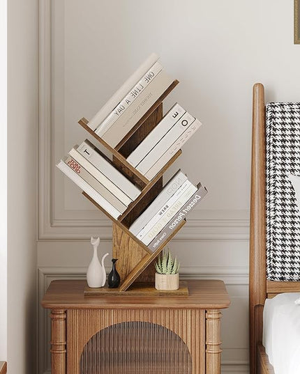 SUNMORY 4 Tier Tree Bookshelf, Small Bookcase, Modern Narrow Bookshelves Organizer, Floor Standing Book Shelf for Bedroom/Living Room/Home Office/Corner, Brown - LeafyLoom