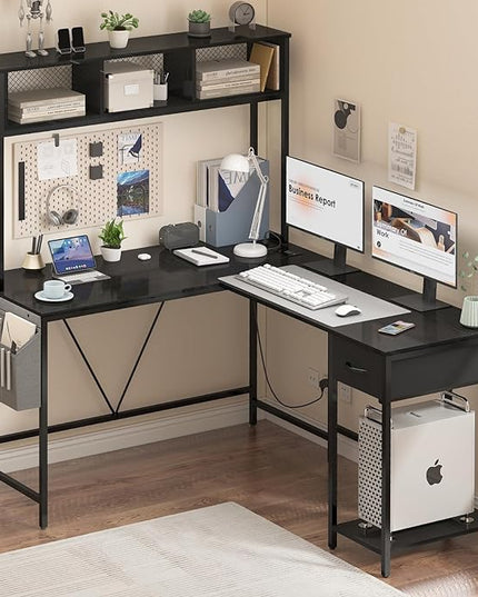 Yoobure L Shaped Desk Gaming Desk with LED Strip & Power Outlet, Reversible L-Shaped Computer Desk with Storage Shelf & Drawer, Corner Desk with Storage Bag, 2 Person Home Office Desk, Black - LeafyLoom