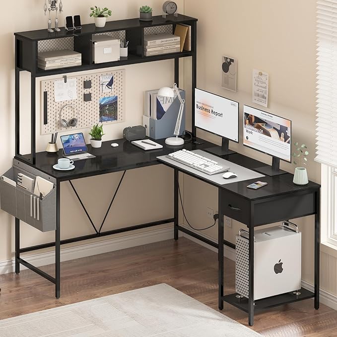 Yoobure L Shaped Desk Gaming Desk with LED Strip & Power Outlet, Reversible L-Shaped Computer Desk with Storage Shelf & Drawer, Corner Desk with Storage Bag, 2 Person Home Office Desk, Black - LeafyLoom