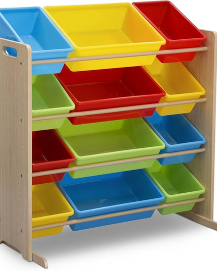 Delta Children Kids Toy Storage Organizer with 12 Plastic Bins - Greenguard Gold Certified, Natural/Primary - LeafyLoom