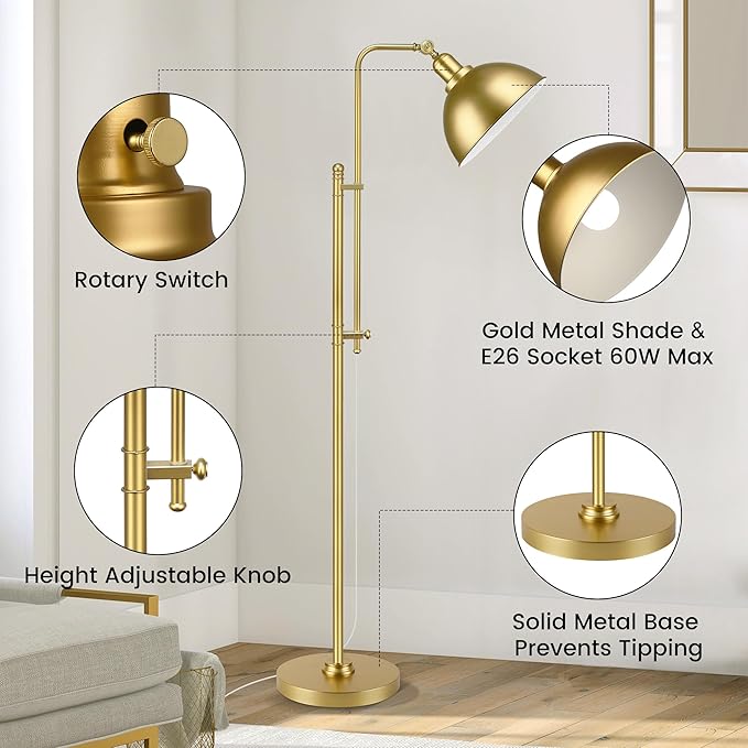 PARTPHONER Industrial Floor Lamp Adjustable, Rustic Farmhouse Reading Lamp in Aged Gold Finish, Modern Standing Lamp with Remote Control Metal Shade for Living Room Bedroom Study Room Office Hotel - LeafyLoom