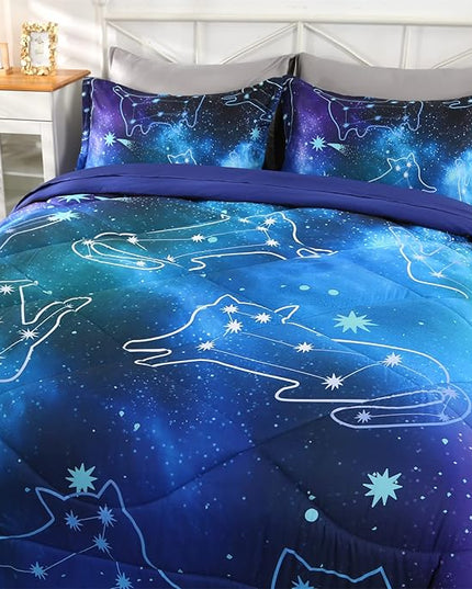 Wowelife 5 Piece Galaxy Space Cat Bedding Comforter Set Queen Constellation Bedding Set Blue Kids Bedding Set Bed in a Bag for Boys and Girls with Comforter, Flat Sheet, Fitted Sheet and 2 Pillowcases - LeafyLoom