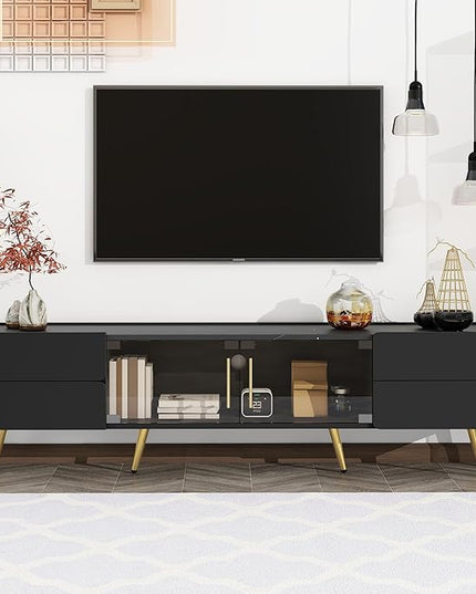 Merax Modern TV Stand for Televisions up to 80 Inches, Entertainment Center with Storage Drawers and Glass Door Cabinet, Marble-patterned Top Media Console Table & Metal Legs for Living Room, Black - LeafyLoom